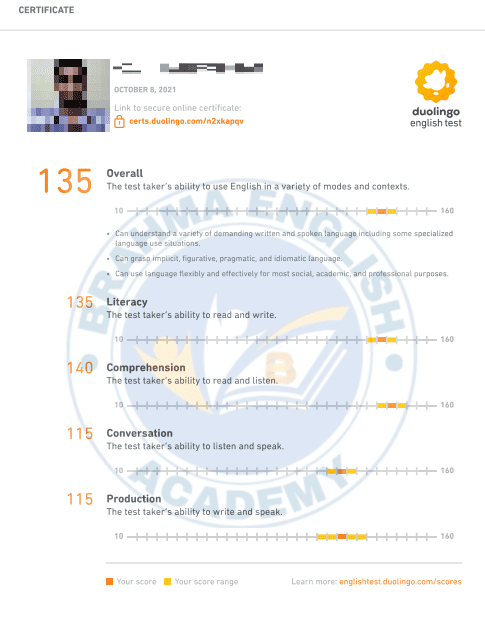 Duolingo Score Card 1 - Brahma English Academy