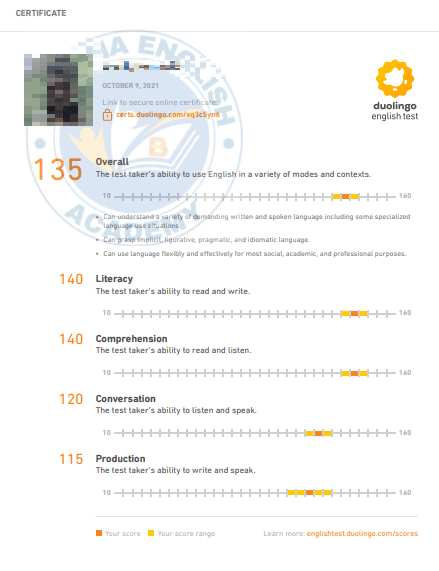 Duolingo Score Card 11 - Brahma English Academy