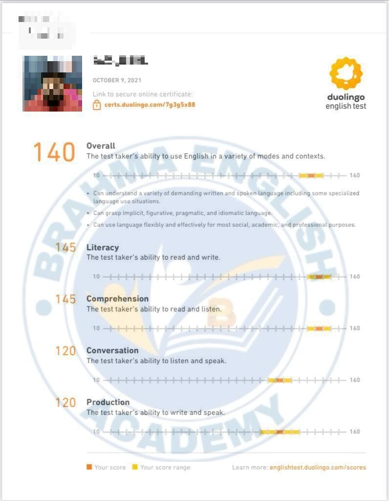 Duolingo Score Card 14 - Brahma English Academy