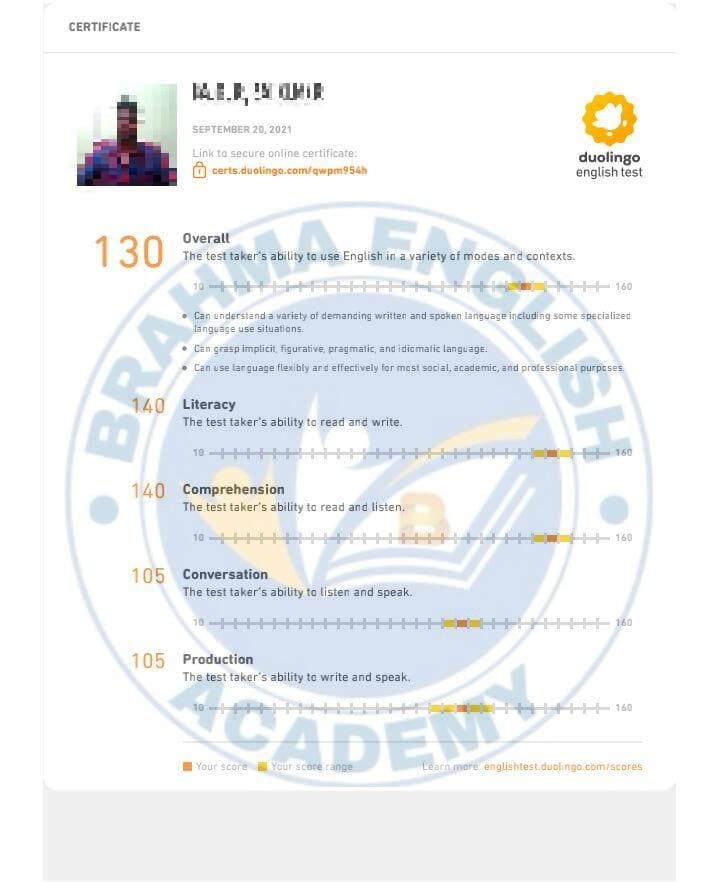Duolingo Score Card 16 - Brahma English Academy