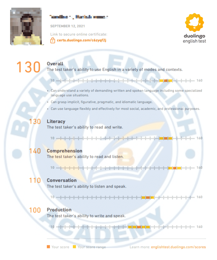 Duolingo Score Card 4 - Brahma English Academy