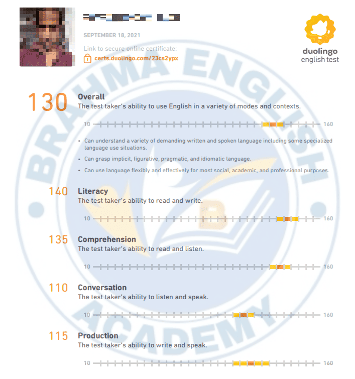Duolingo Score Card 5 - Brahma English Academy
