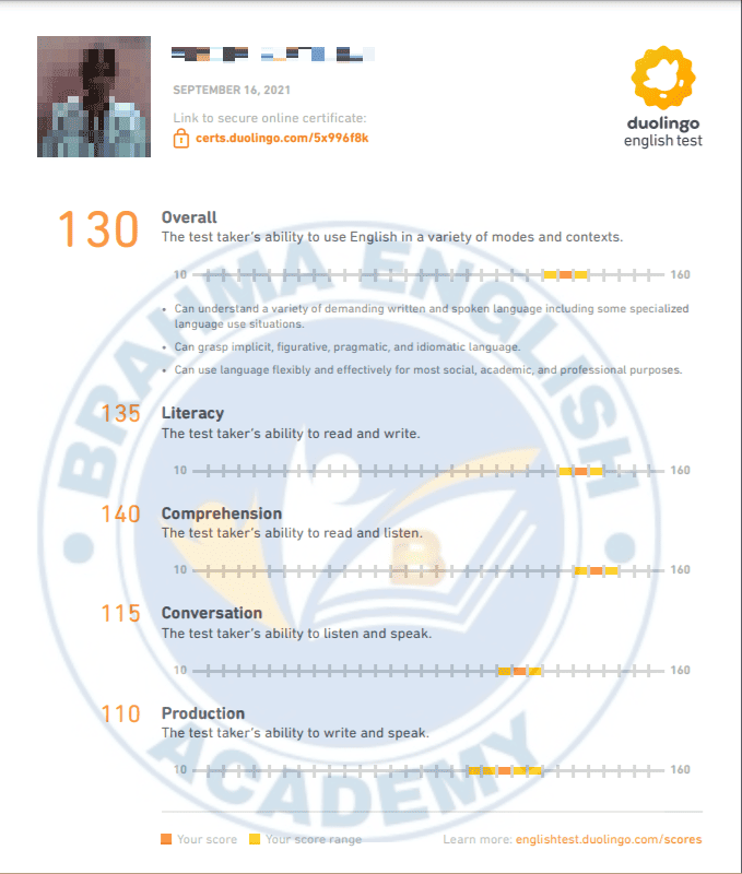 Duolingo Score Card 7 - Brahma English Academy