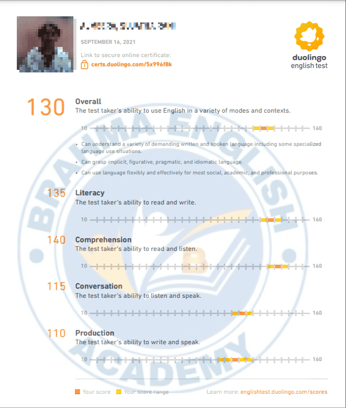 Duolingo Score Card 8 - Brahma English Academy