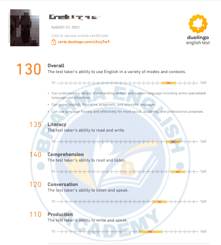 Duolingo Score Card 9 - Brahma English Academy
