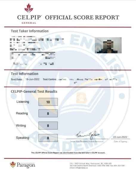 CELPIP Score Card 1 - Brahma English Academy