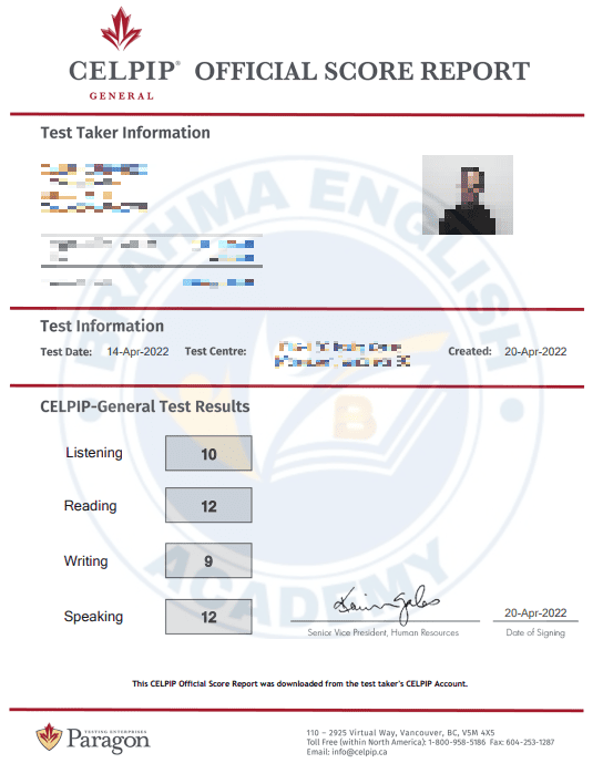CELPIP Score Card 10 - Brahma English Academy